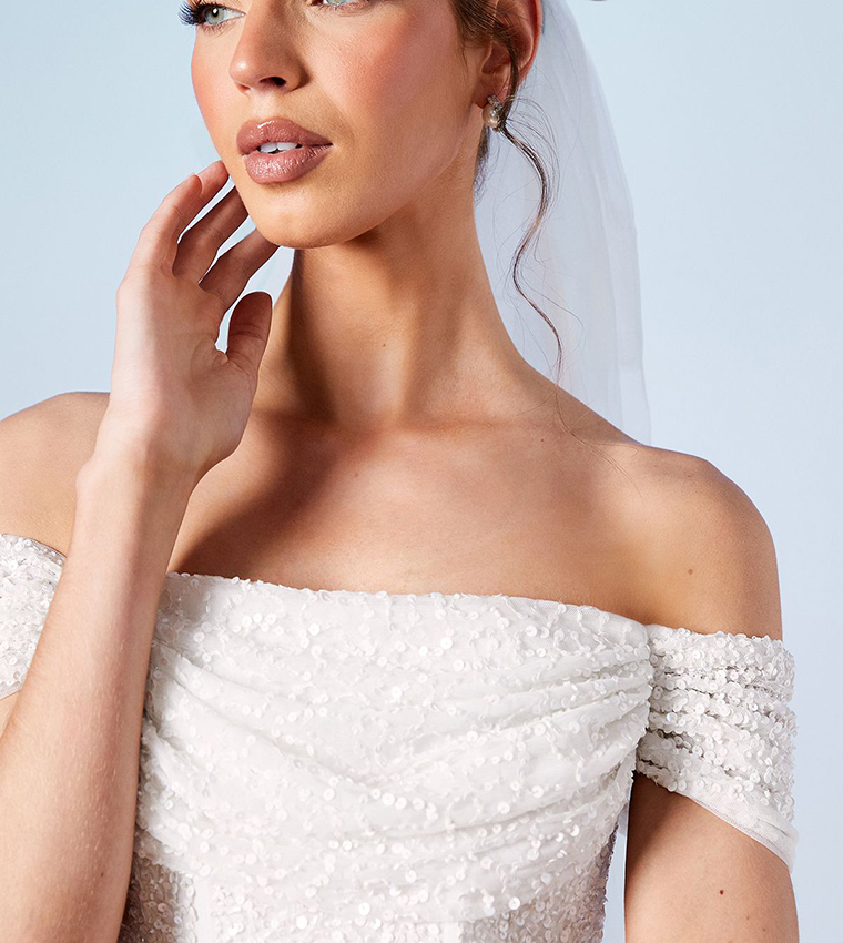 Embellished Bardot Bridal Mini Dress