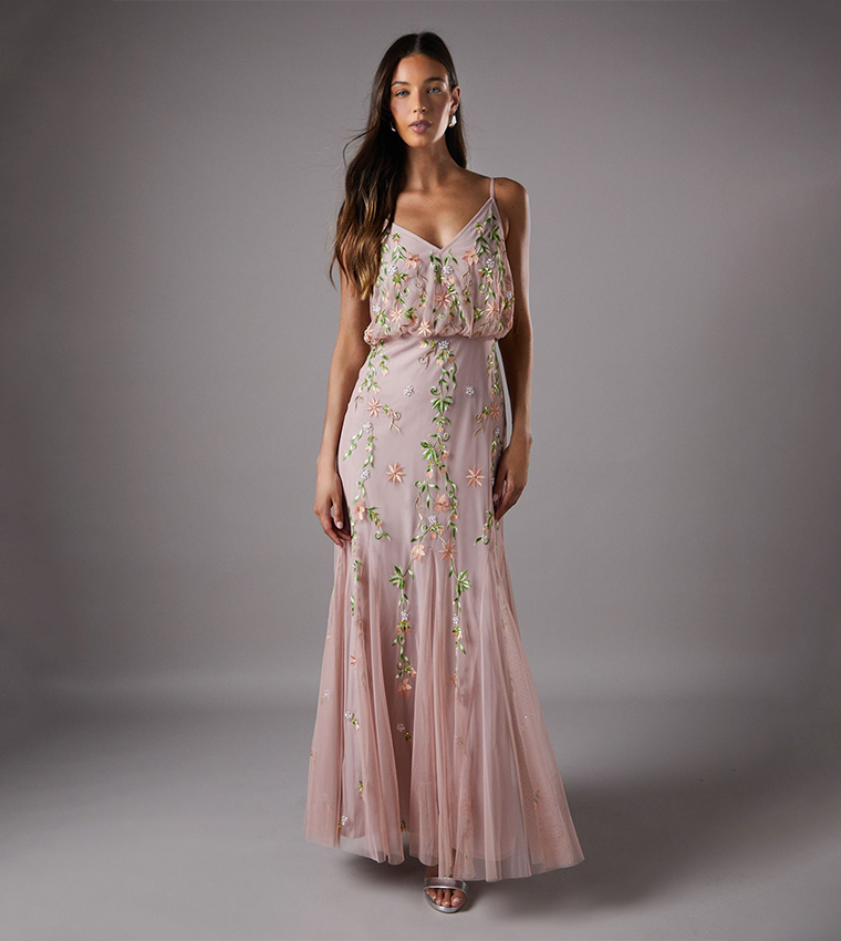 Embroidered Godet Detail Maxi Dress