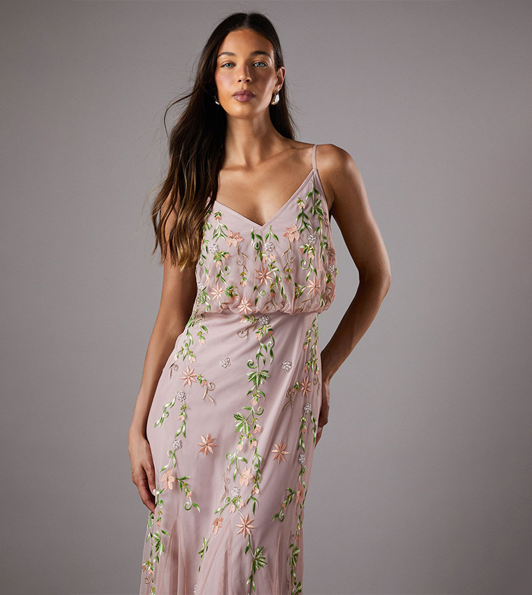 Embroidered Godet Detail Maxi Dress