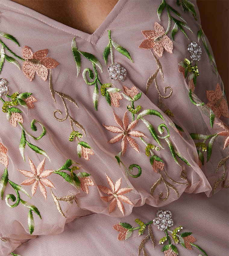 Embroidered Godet Detail Maxi Dress