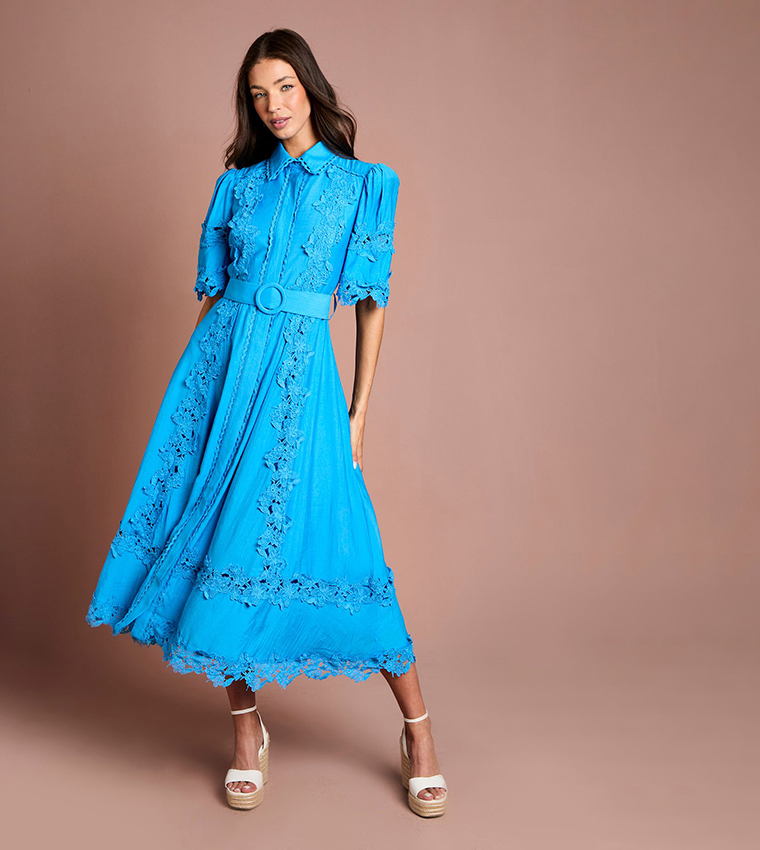 Buy Coast Lace Paneled Belted Shirt Dress In Blue | 6thStreet Oman Buy Coast Lace Paneled Belted Shirt Dress In Blue | 6thStreet Oman