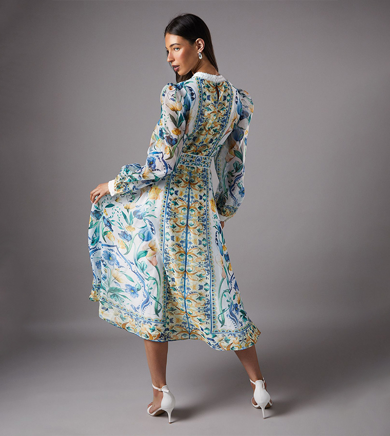 Boarder Printed Organza Midi Shirt Dress