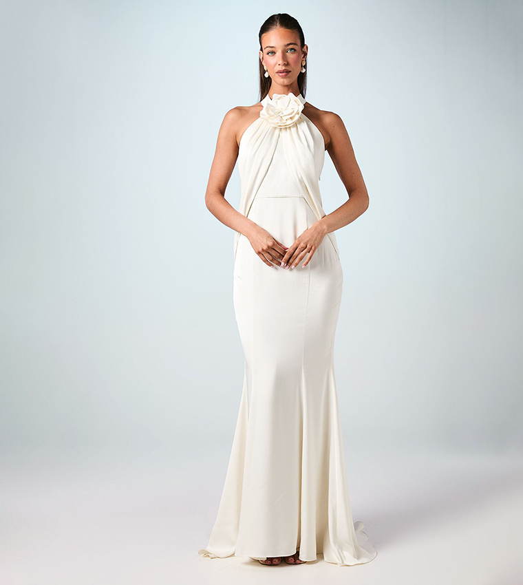 Halterneck Satin Wedding Dress With Flower