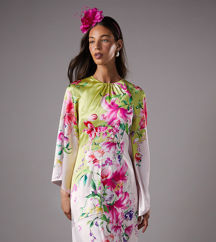 Satin Printed Long Sleeves Maxi Dress