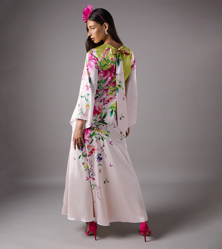Satin Printed Long Sleeves Maxi Dress