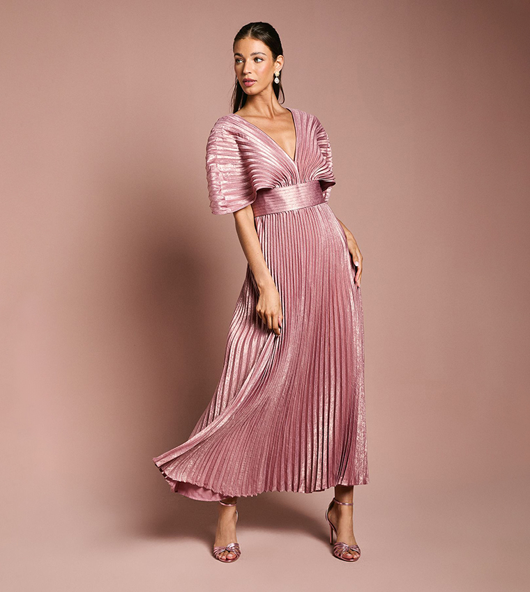 Batwing Pleated Metallic Midi Dress