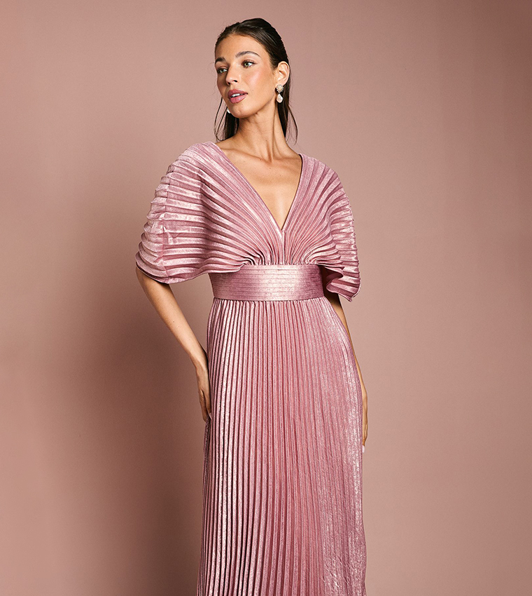 Batwing Pleated Metallic Midi Dress