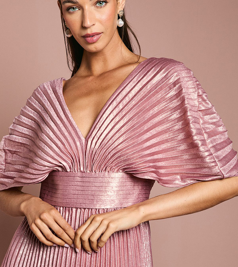 Batwing Pleated Metallic Midi Dress