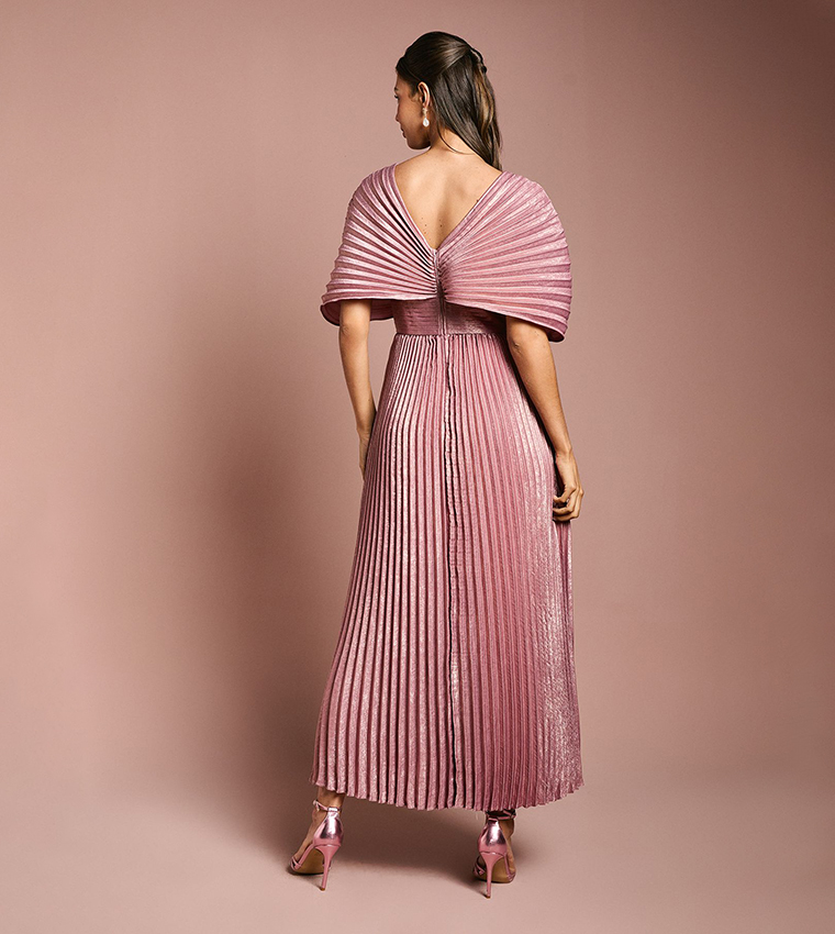 Batwing Pleated Metallic Midi Dress