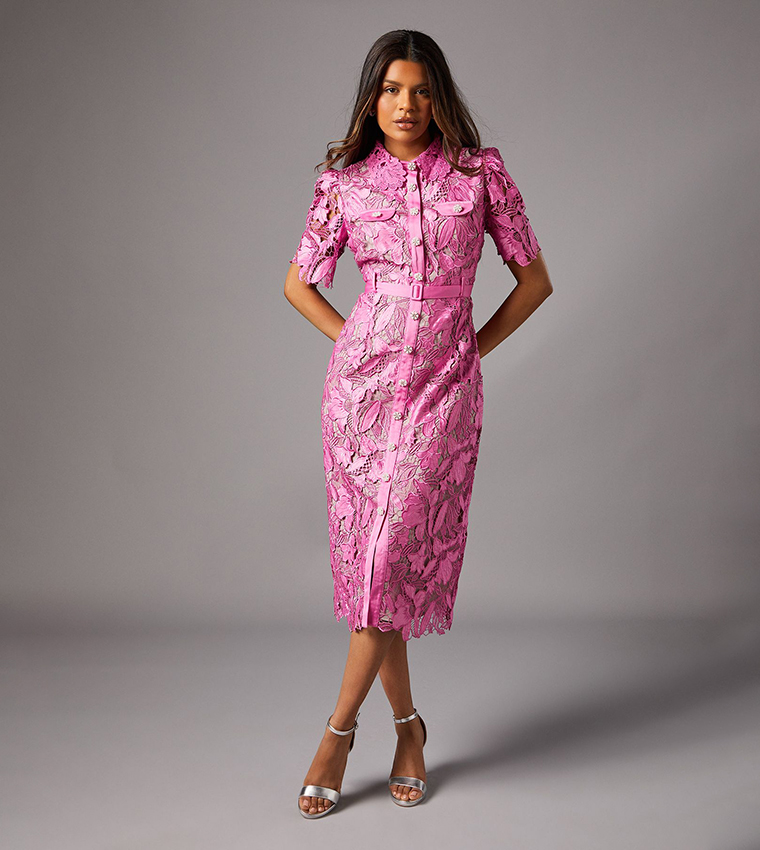 Petite Lace Shirt Dress with Contrast Collar