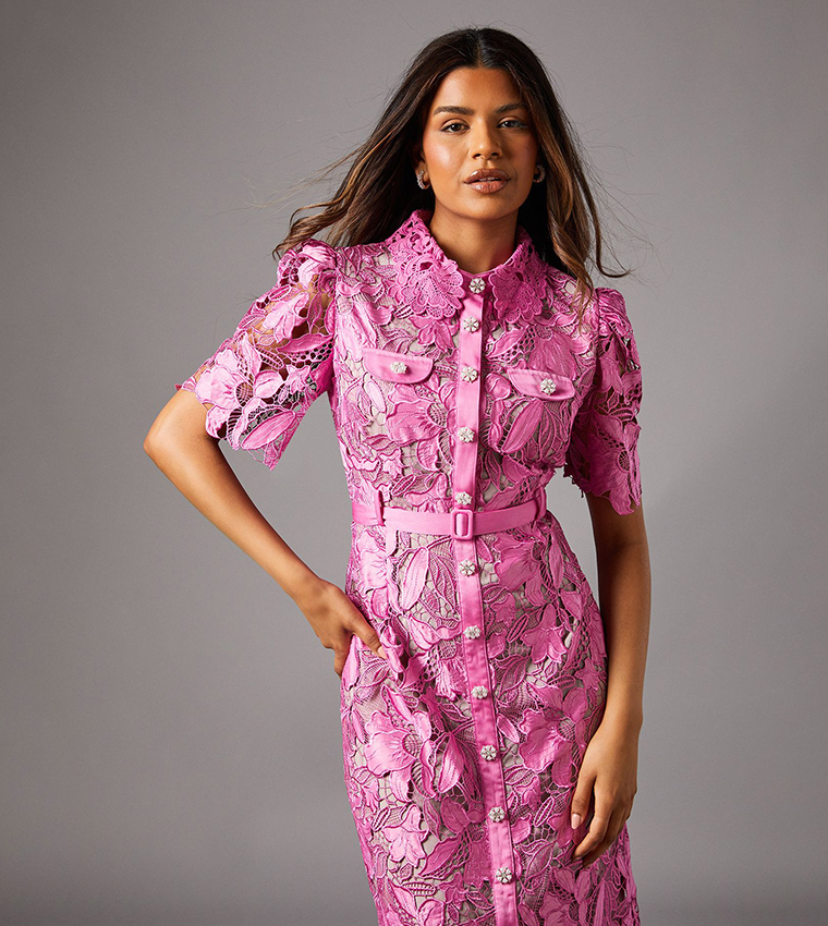 Petite Lace Shirt Dress with Contrast Collar