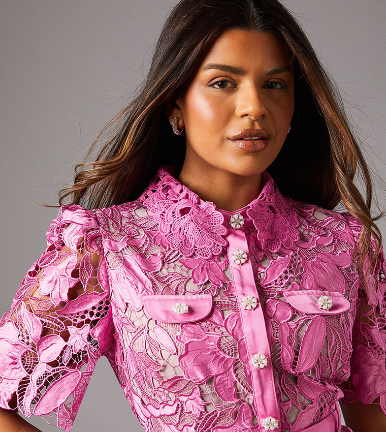 Petite Lace Shirt Dress with Contrast Collar