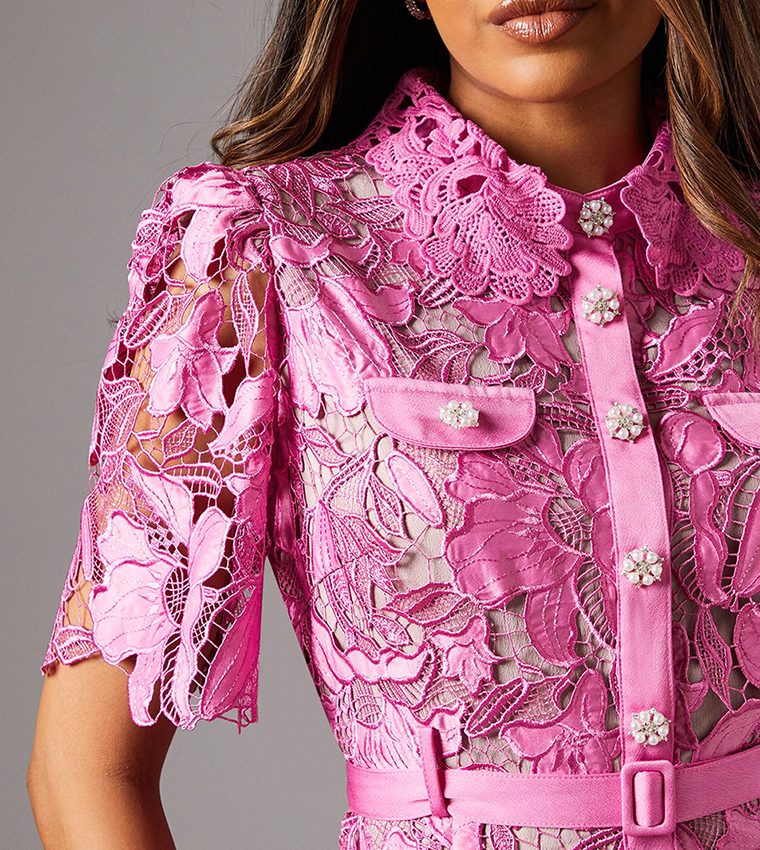 Petite Lace Shirt Dress with Contrast Collar