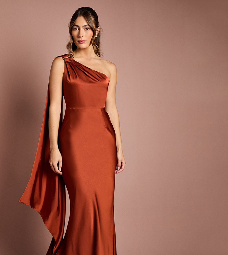 One Shoulder Satin Bridesmaids Maxi Dress