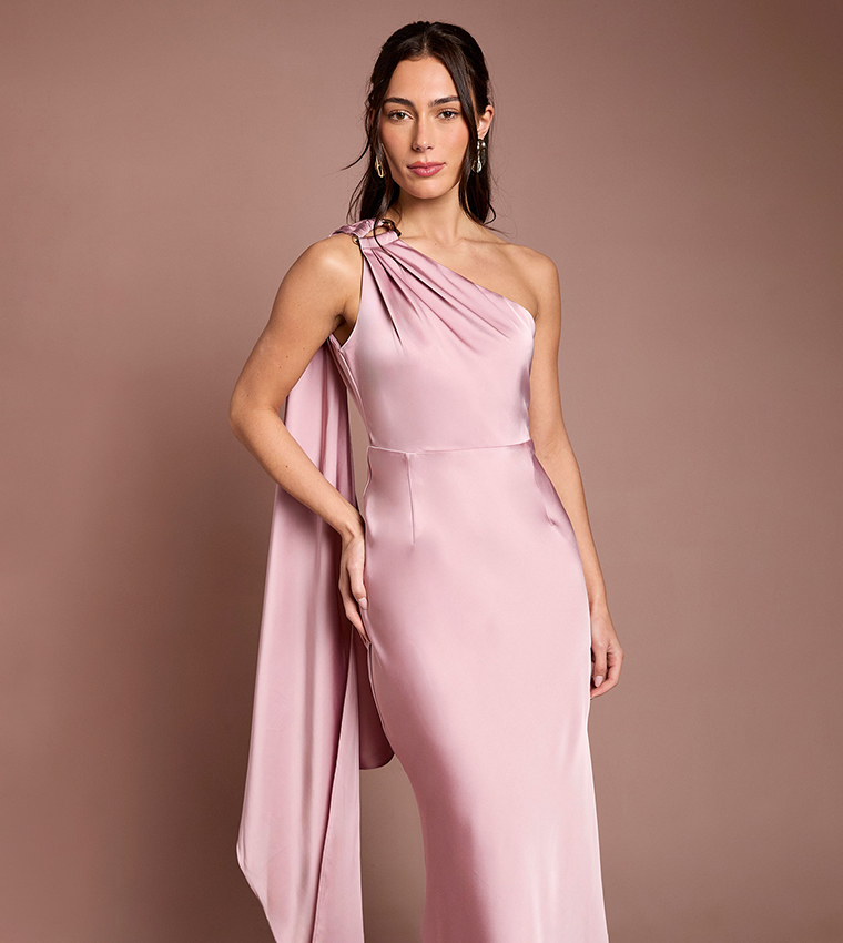 Gold Trim One Shoulder Satin Maxi Bridesmaid Dress