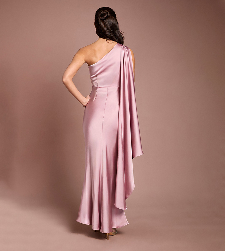 Gold Trim One Shoulder Satin Maxi Bridesmaid Dress