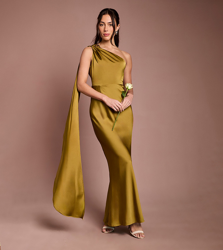 Gold Trim One Shoulder Satin Maxi Bridesmaid Dress