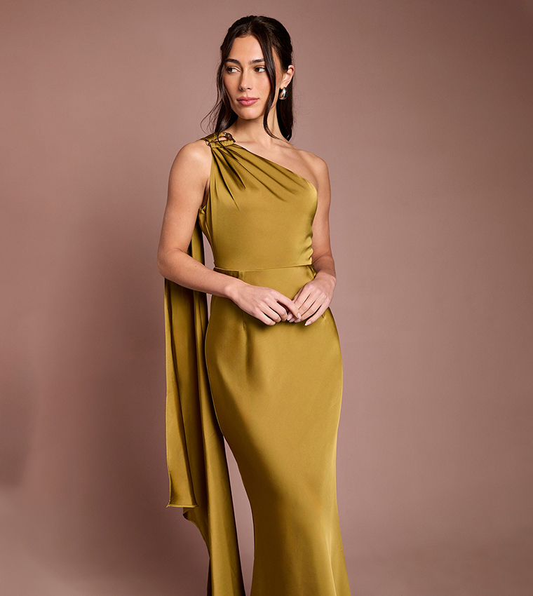 Gold Trim One Shoulder Satin Maxi Bridesmaid Dress