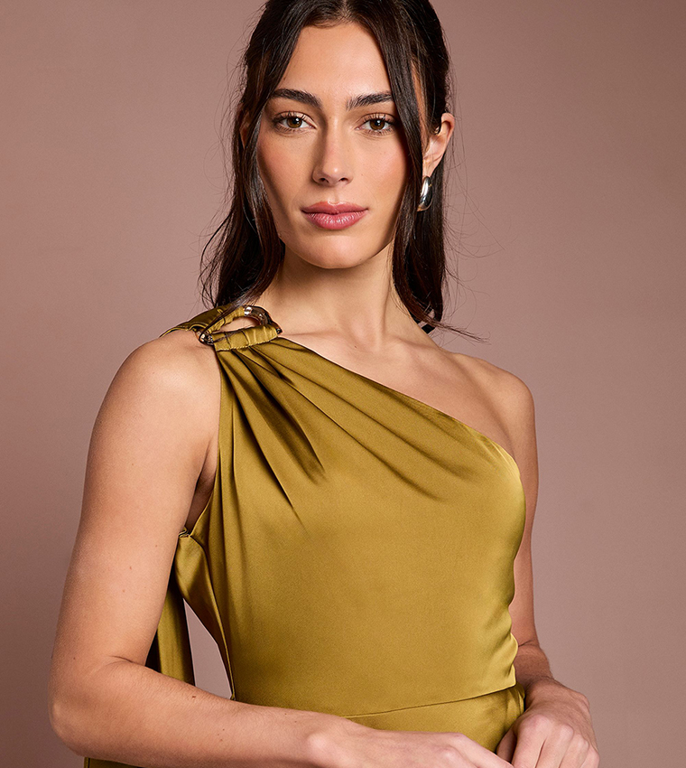 Gold Trim One Shoulder Satin Maxi Bridesmaid Dress