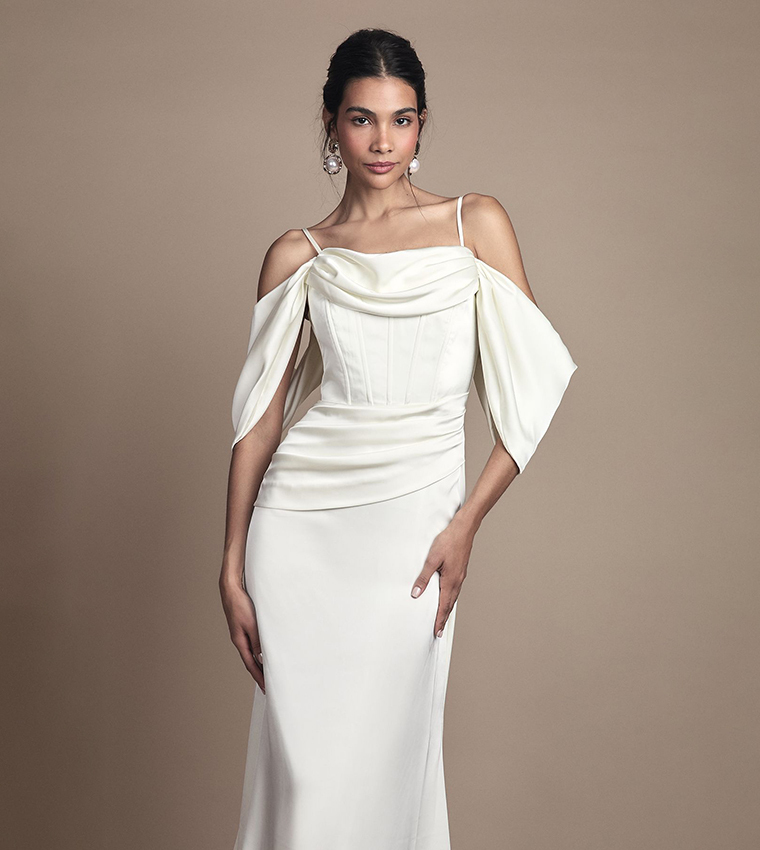 Cowl Neck Corset Drape Satin Maxi Wedding Dress