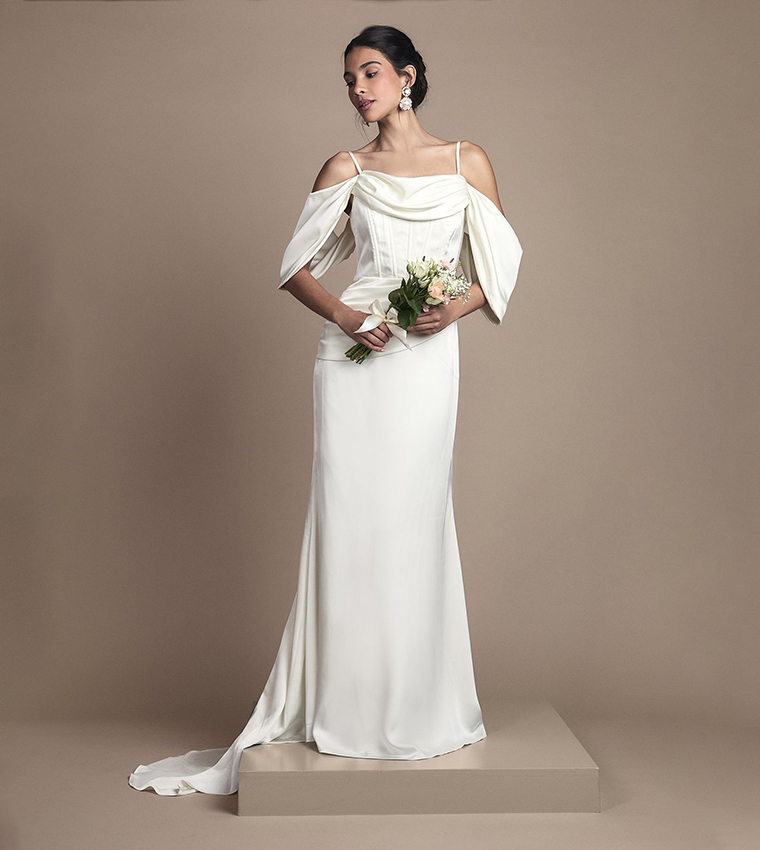 Cowl Neck Corset Drape Satin Maxi Wedding Dress