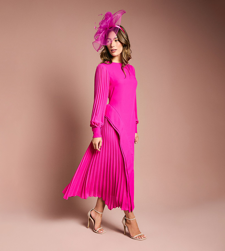 Pleated Long Sleeves Crepe Maxi Dress