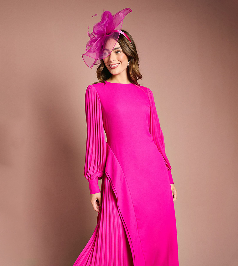 Pleated Long Sleeves Crepe Maxi Dress