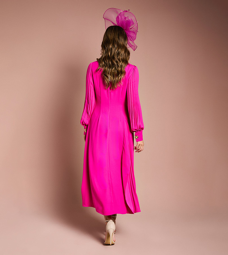 Pleated Long Sleeves Crepe Maxi Dress