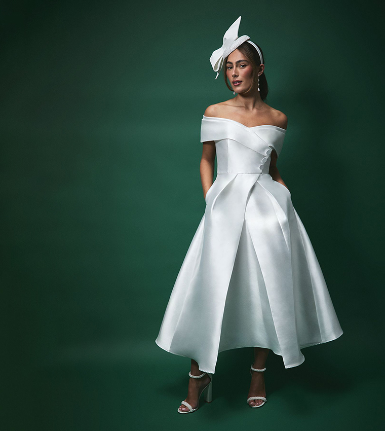 Lisa Tan Twill Bardot Waisted Wedding Midi Dress