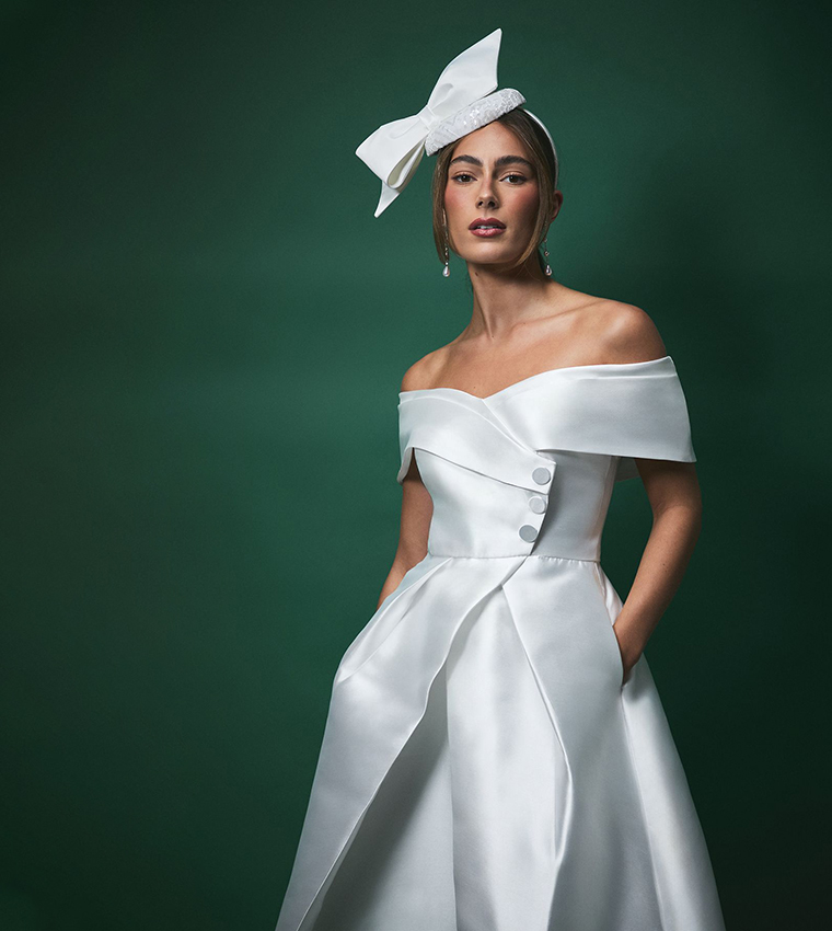 Lisa Tan Twill Bardot Waisted Wedding Midi Dress