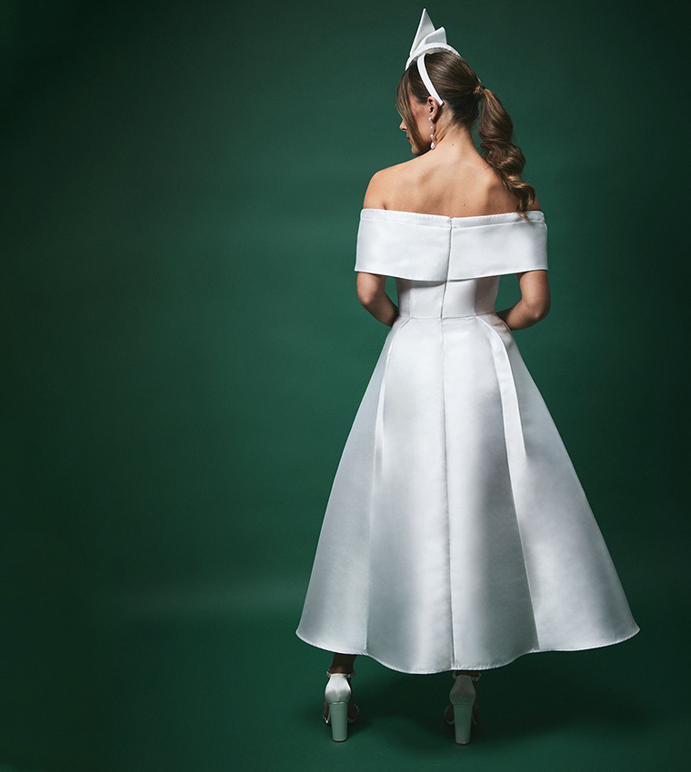 Lisa Tan Twill Bardot Waisted Wedding Midi Dress