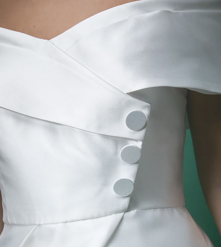 Lisa Tan Twill Bardot Waisted Wedding Midi Dress