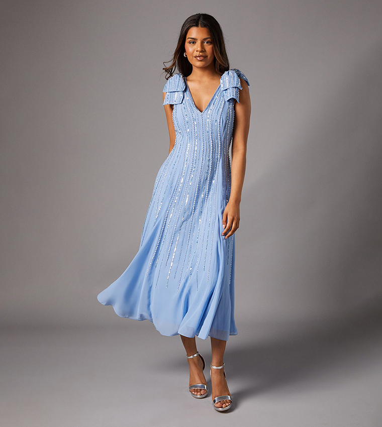 Buy Coast Petite Bow Shoulder Embellished Midi Dress In Blue | 6thstreet UAE