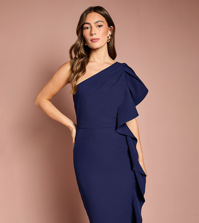 One Shoulder Ruffle Crepe Pencil Midi Dress