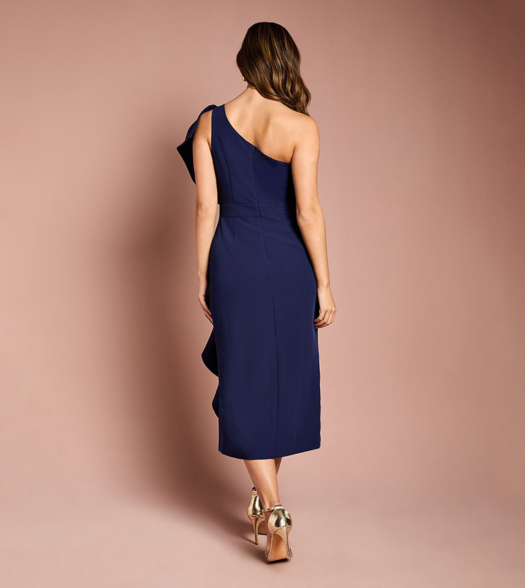 One Shoulder Ruffle Crepe Pencil Midi Dress