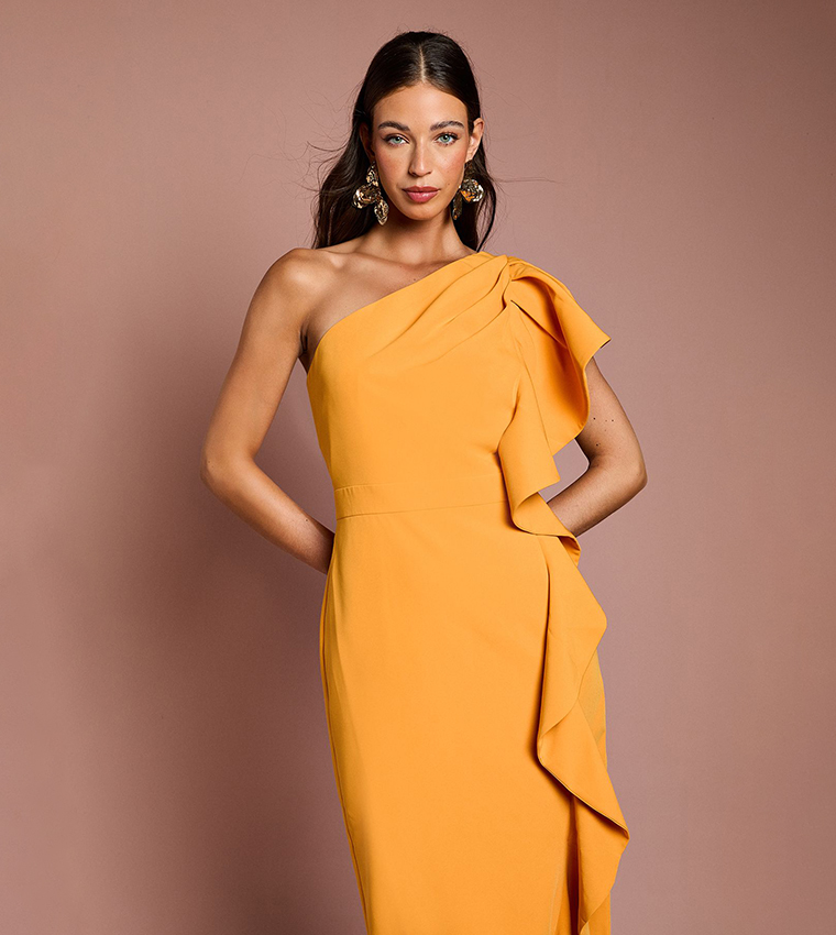 One Shoulder Ruffle Crepe Pencil Midi Dress