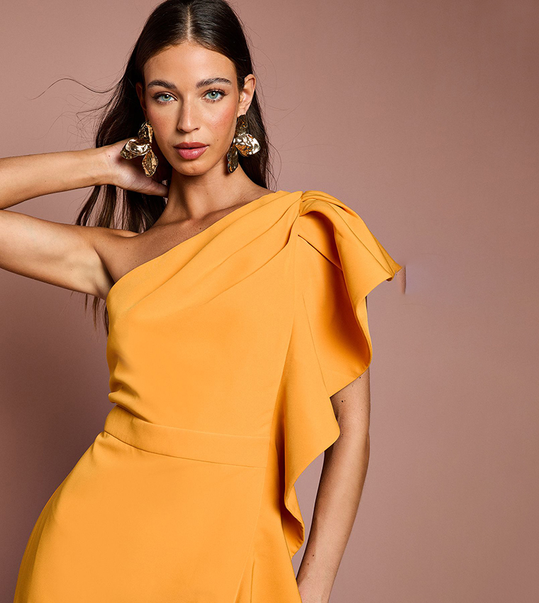 One Shoulder Ruffle Crepe Pencil Midi Dress