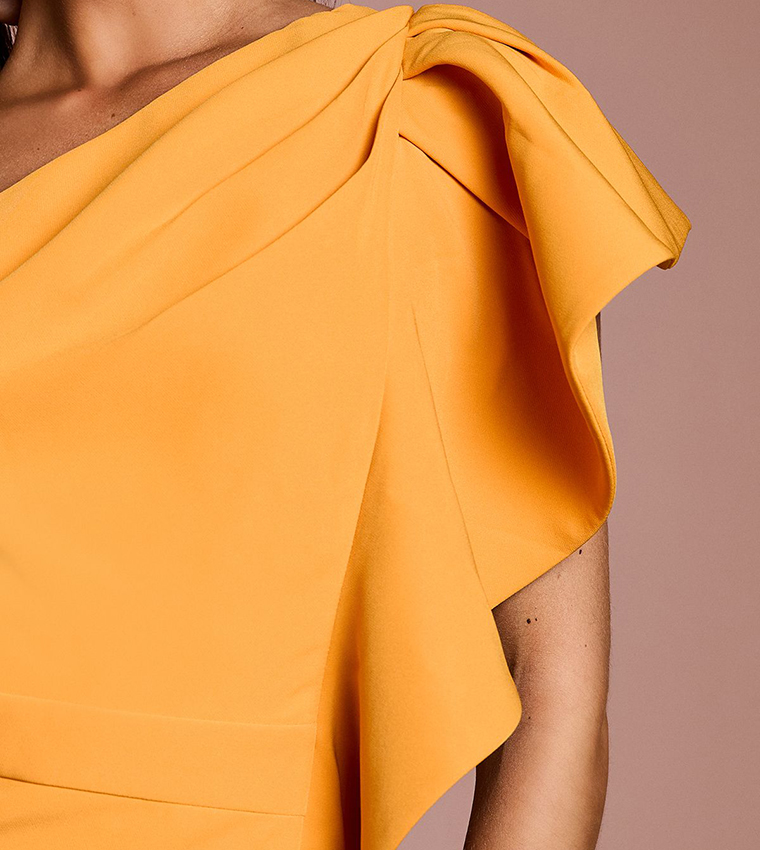 One Shoulder Ruffle Crepe Pencil Midi Dress