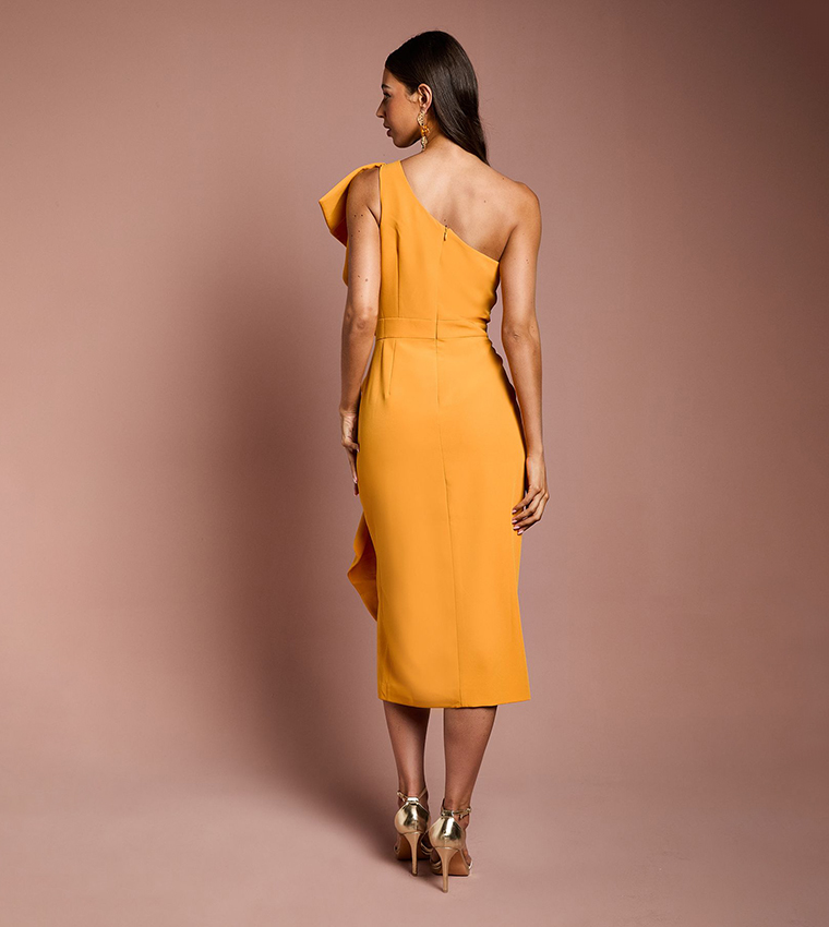 One Shoulder Ruffle Crepe Pencil Midi Dress