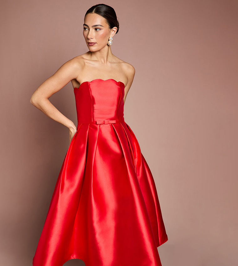 Scalloped Strapless Midi Dress