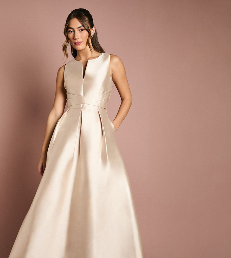 Twill Notch Neck Fit and Flare Bridesmaids Maxi Dress