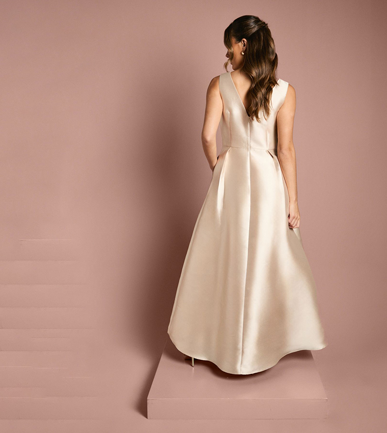 Twill Notch Neck Fit and Flare Bridesmaids Maxi Dress