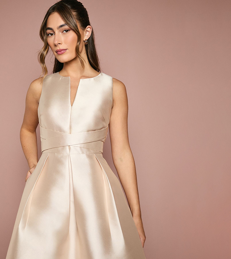 Twill Notch Neck Fit and Flare Bridesmaids Maxi Dress