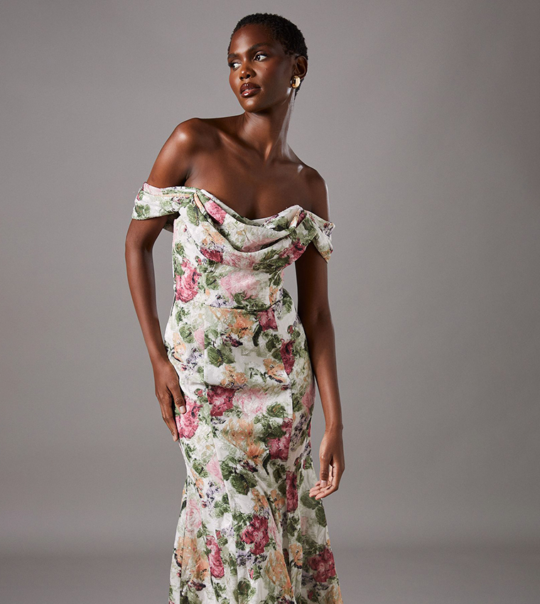 Floral Print  Bardot Maxi Dress