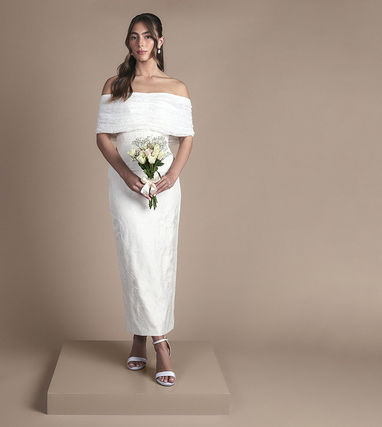 Lisa Tan Strapless Jacquard Column Wedding Midi Dress