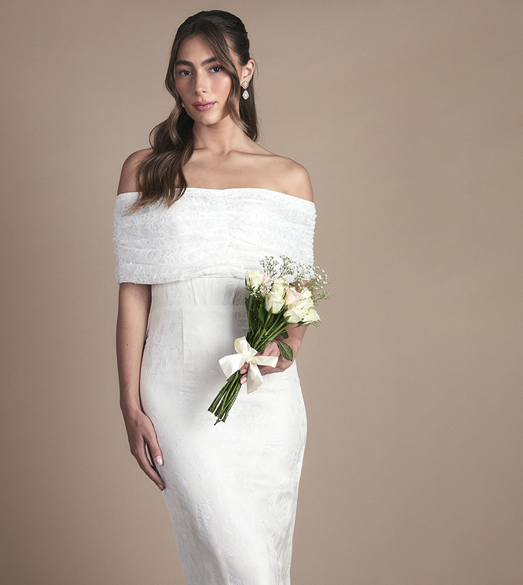 Lisa Tan Strapless Jacquard Column Wedding Midi Dress