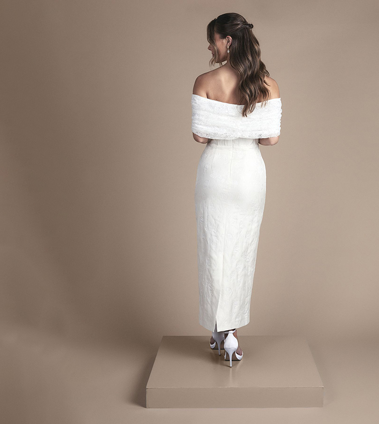 Lisa Tan Strapless Jacquard Column Wedding Midi Dress