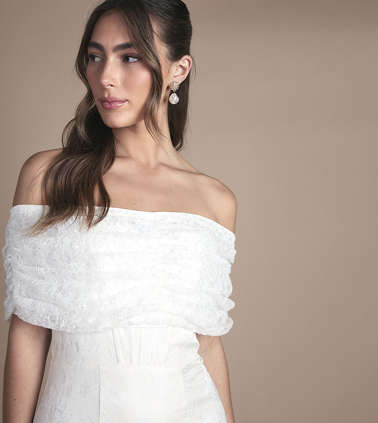 Lisa Tan Strapless Jacquard Column Wedding Midi Dress
