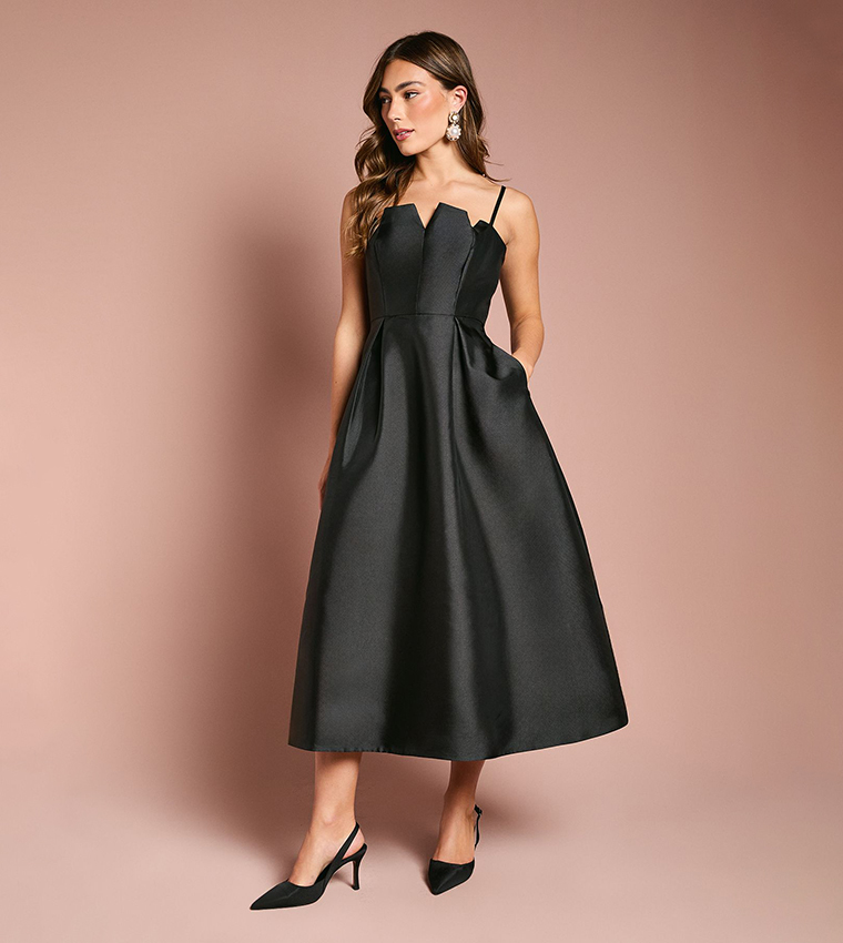 Notch Neck Detail Twill Midi Dress