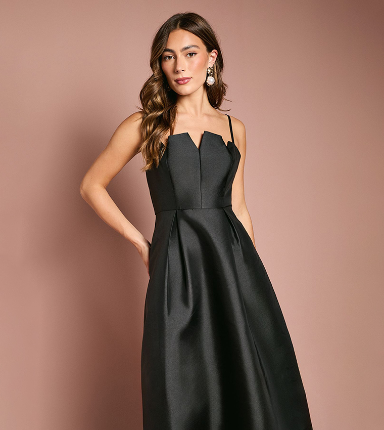 Notch Neck Detail Twill Midi Dress